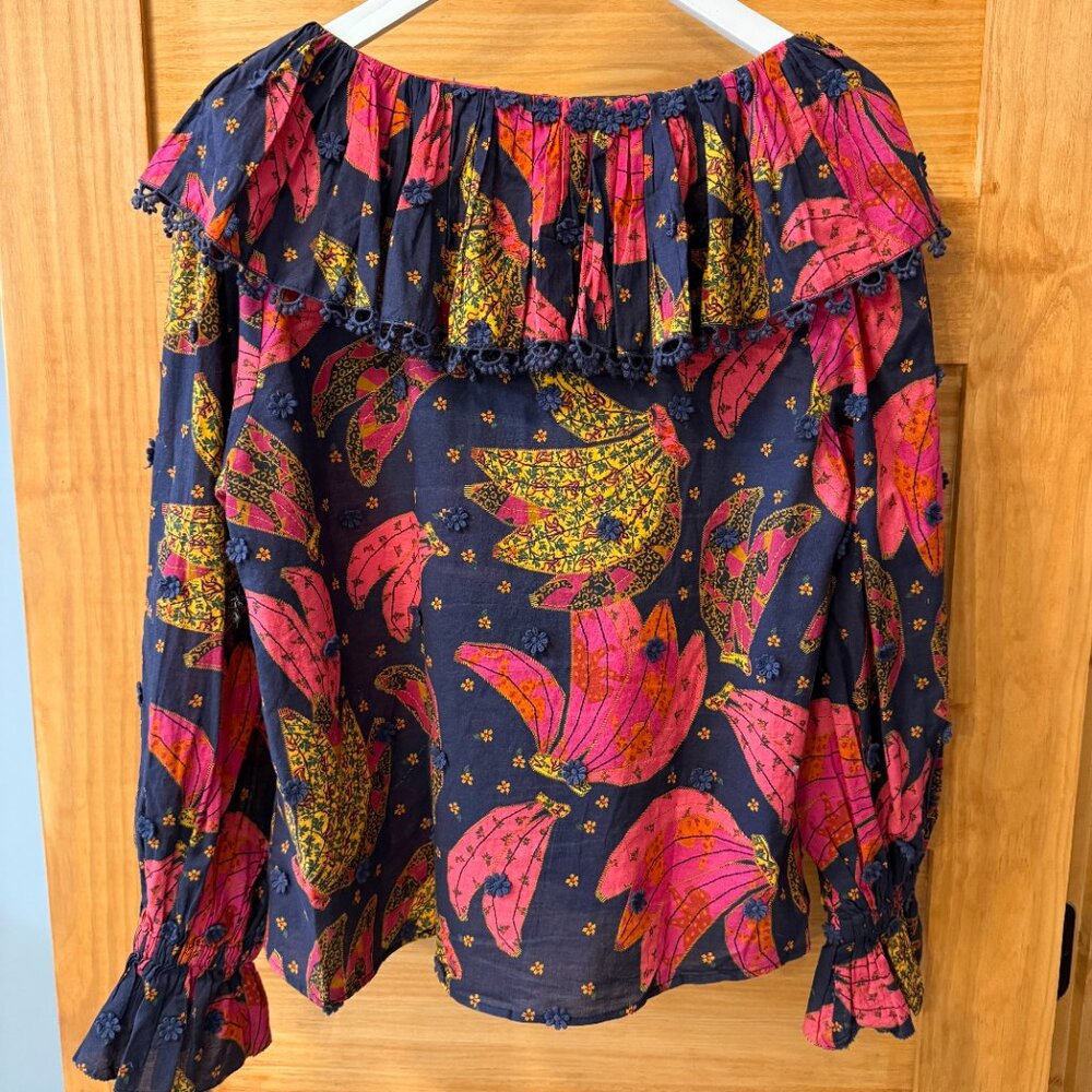 Farm Rio Patchwork Bananas Tie Front Embroidered Boho Navy Blouse Women size XS - Picture 10 of 12